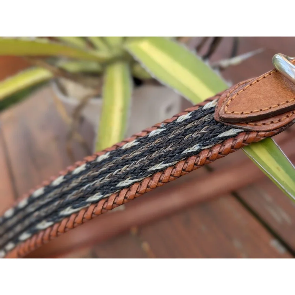 Willis & Geiger Braided Horsehair Woven Brown Leather Belt Silver Buckle 36